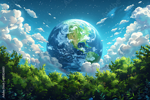 A vibrant blue and green eco Earth globe symbolizes environmental world protection and ecological conservation, promoting the message "Save the Planet" for Earth Day celebrations © Evhen Pylypchuk