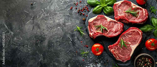 Three raw beef rib steak with spices and herbs on a black stone cutting board.