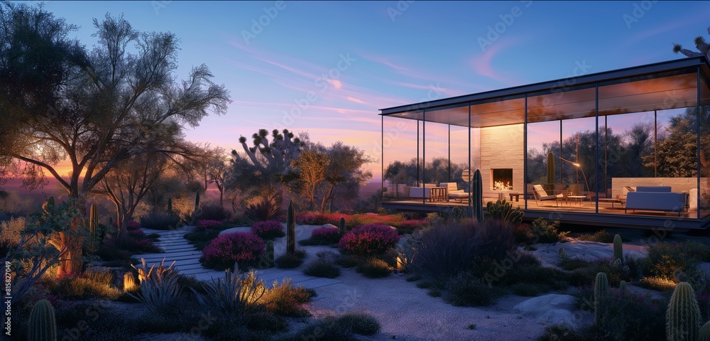 The future of living captured at twilight, a smart home with a responsive glass exterior nestled in a garden of desert flora, the air cool and still as day turns to night. 