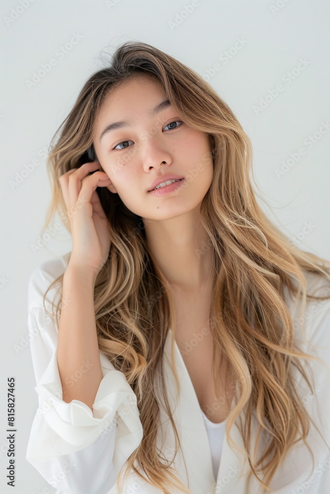 An Asian woman with long blonde hair, dressed in a white outfit, touching her face and smiling brightly against a white background, radiating confidence and warmth in a minimalist portrait An Asian woman with long blonde hair, dressed in a white outfit, touching her face and smiling brightly against a white background, radiating confidence and warmth in a minimalist portrait