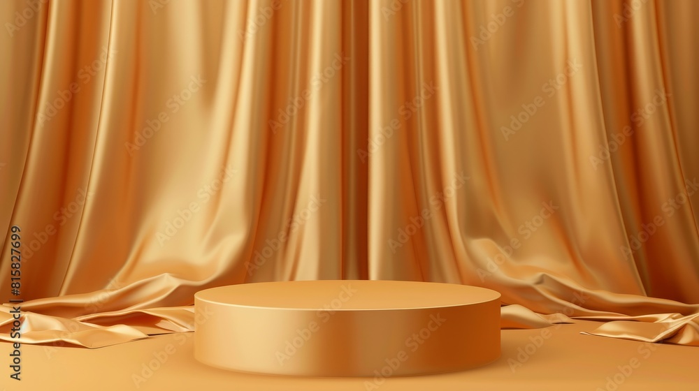 Embedded in a golden silk waved silk blanket, a round podium is hidden under golden satin drapery. A realistic modern illustration set shows a gift or surprise covered with fabric curtain covers.