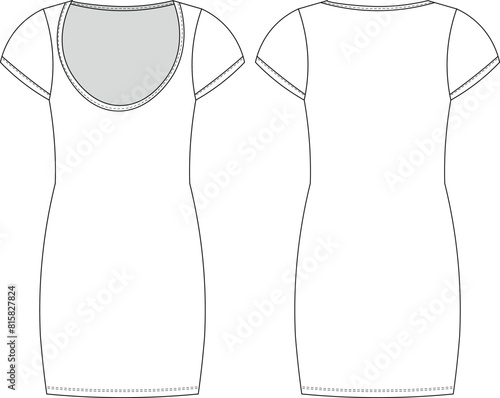 cap short sleeves u scoop neck mini short straight dress template technical drawing flat sketch cad mockup fashion woman design style model
