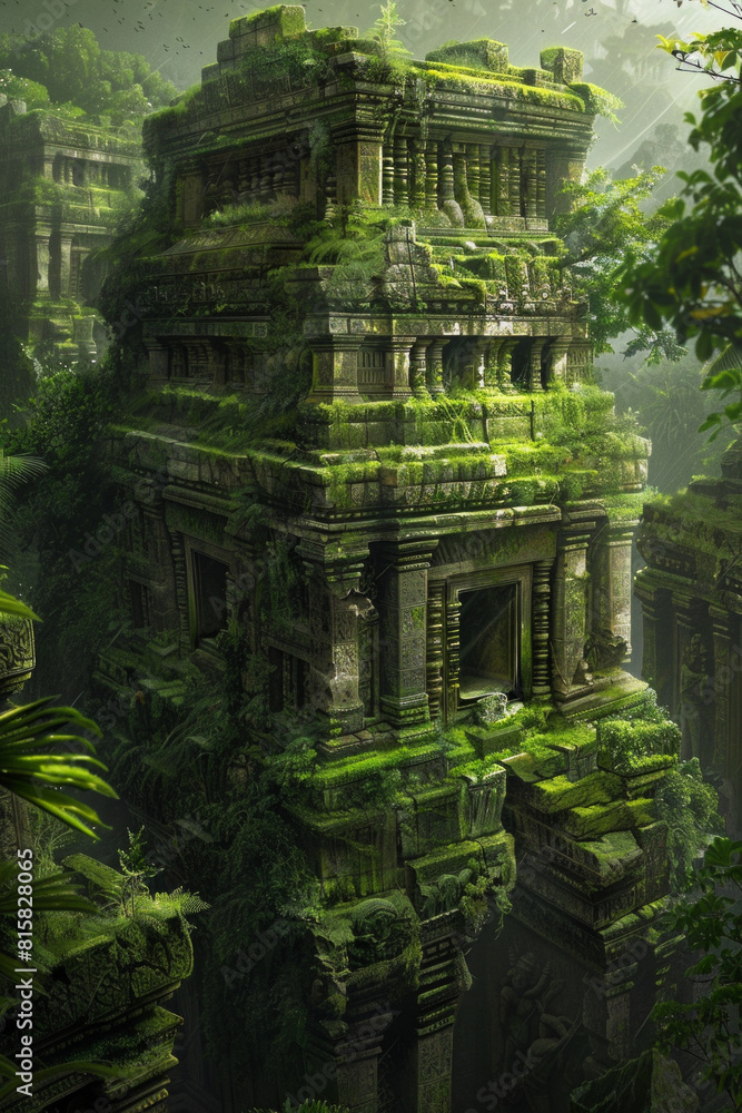 Majestic ancient ruins rising from the heart of a verdant jungle, with moss-covered stones, intricate carvings, and towering temple spires. Majestic ancient ruins rising from the heart of a verdant jungle, with moss-covered stones, intricate carvings, and towering temple spires.