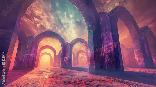 A surreal landscape of geometric arches and pillars rising from the earth like ancient ruins, bathed in the soft glow of a celestial light.