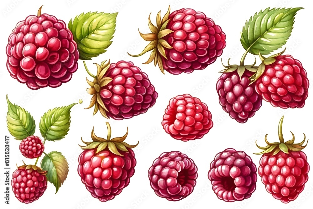 Set of fresh raspberries fruits with leaves, botanical watercolor illustration isolated on a white background Set of fresh raspberries fruits with leaves, botanical watercolor illustration isolated on a white background