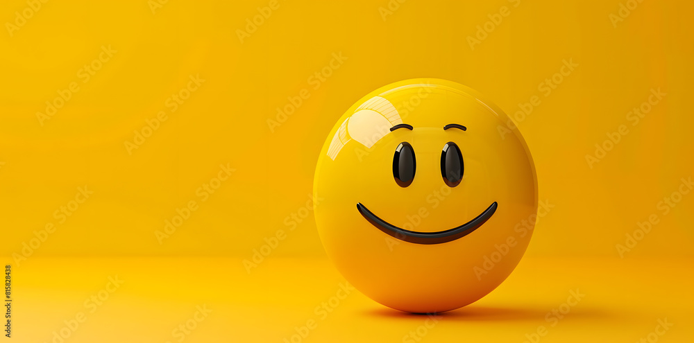 Fototapeta premium Happy yellow smile emoji isolated on yellow background with copyspace for text