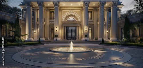 The grand entrance of a neoclassical mansion, with towering columns framing the view, the circular driveway perfectly groomed.