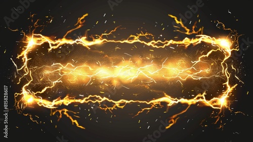 Thunderbolt border surrounded by lightning frame, magic light effect with sparkles, electric energy impact, cracks in the lava. Modern realistic illustration.
