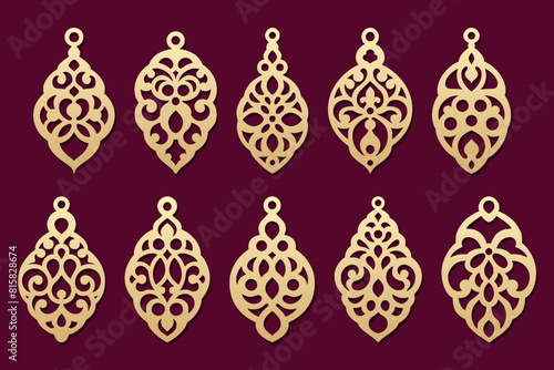 Earrings with rich openwork pattern, Jewelry or bijouterie pendants design set.
