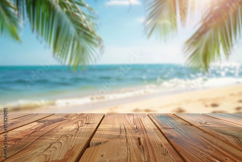 Wooden table for summer product promotion with tropical beach background. sun rays view  water  sand for product display and summer vacation concept.