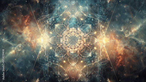 A symmetrical arrangement of geometric forms radiating outwards from a central point  converging and diverging in a cosmic dance of order and chaos.