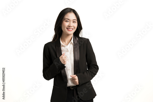 Beautiful smiling young asian business woman wear black suit isolated on white background.Company worker standing businesswoman happy with successful business.