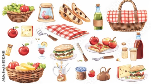 Cartoon illustration of wicker picnic basket with apples  glass bottle and jar  checkered blanket  cheese and sandwich on plate  isolated on white background.