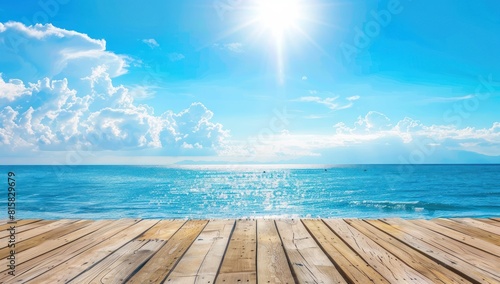 Empty wooden table with white sand calm sea bay blue sky  Beautiful summer nature vacation island in the background with copy space.