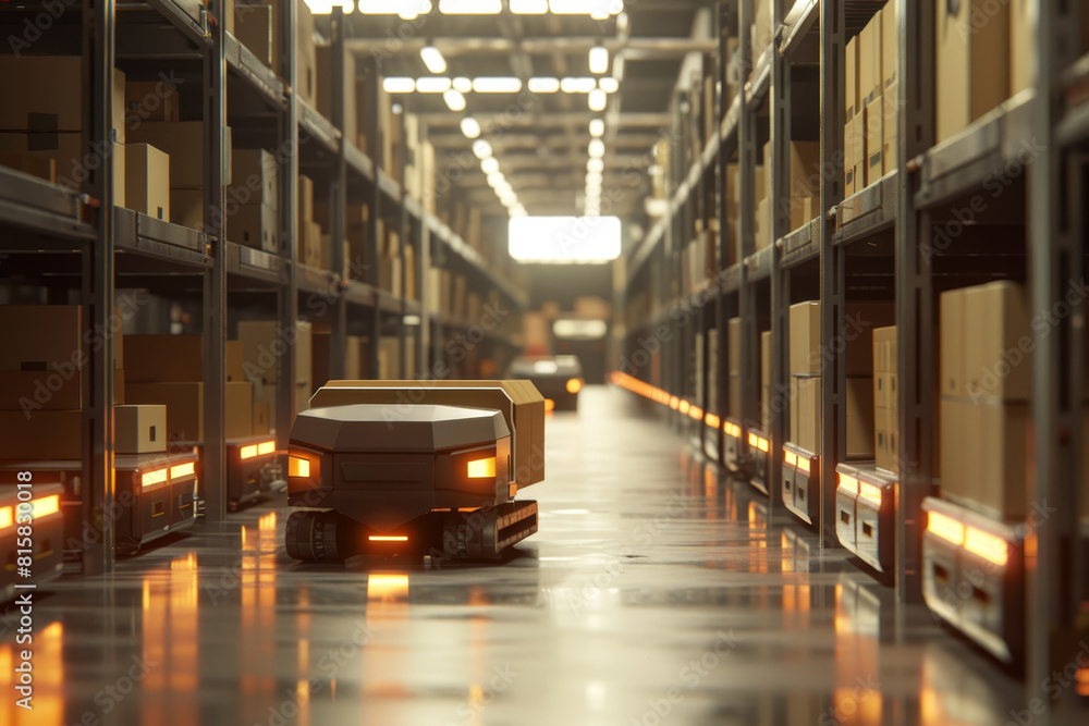 Autonomous robot forklift loaded cardboard boxes travels down a warehouse aisle, maneuvering between shelves of cardboard boxes. Production activities are carried out in a warehouse. Smart industry Autonomous robot forklift loaded cardboard boxes travels down a warehouse aisle, maneuvering between shelves of cardboard boxes. Production activities are carried out in a warehouse. Smart industry