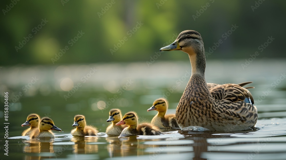 Fototapeta premium Duck mother and ducklings swimming on the lake, in high resolution photography, in a high quality photo, in high definition. 