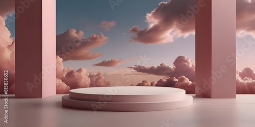pink 3d podium stage, pink clouds background