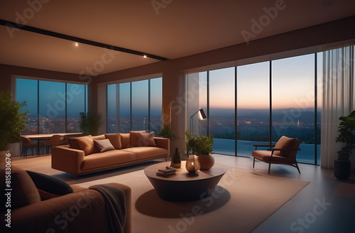 Modern interior of the living room with large windows in a high-rise building at sunset
