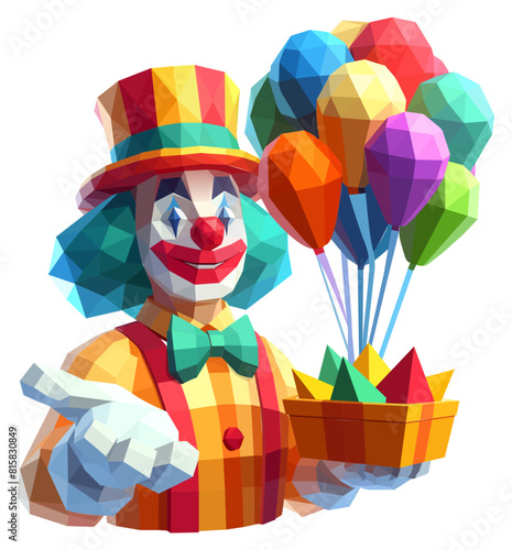 Abstract Lowpoly Geometric Clown Character Holding Balloons Colorful Vector Illustration