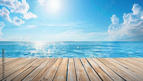 Empty wooden table with white sand calm sea bay blue sky  Beautiful summer nature vacation island in the background with copy space.