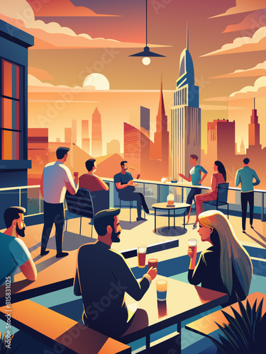 Urban Rooftop Gathering at Sunset with Cityscape