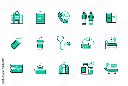 Hospital and health care - set of line design style icons isolated on white background. High quality images of 24-7 support, room, heart rate, broken arm, bed rest, coffee and bottle of milk