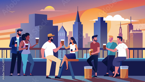 Urban Sunset Gathering - Friends Enjoying Cityscape on Rooftop