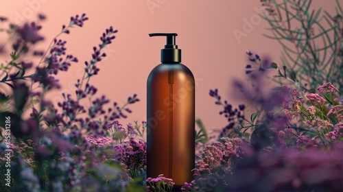 Contemporary bottle with a pump, staged to illustrate its dual action of beautifying and conditioning the skin with essential vitamins photo