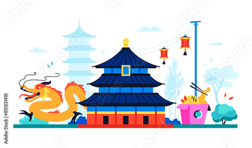 Tiantan Temple of Heaven - modern colored vector illustration with traditional shinto wooden shrine, orange chinese dragon, red paper lanterns and wok noodles. Bamboo grove and asian nature