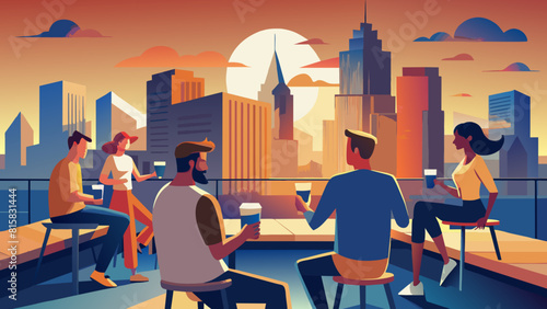 Urban Skyline Gathering: Friends Enjoying Cityscape at Sunset