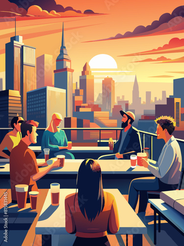 Urban Sunset Gathering: Friends Enjoying Evening Skyline from Rooftop