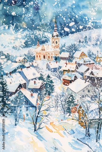 christmas snowy village center in Watercolor painting