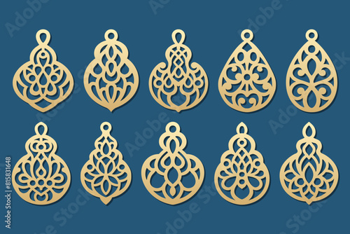 Earrings laser cut set, jewelry pendants with rich cutout pattern, vector.