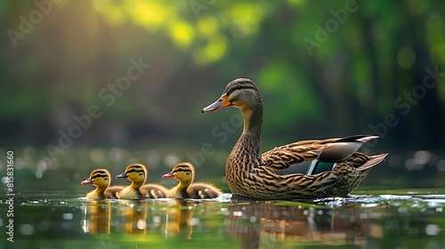 Duck mother and ducklings swimming on the lake, in high resolution photography, in a high quality photo, in high definition.  © horizon