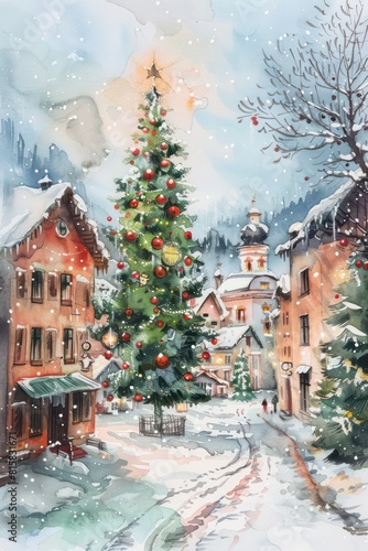 christmas snowy village center in Watercolor painting