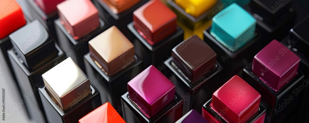 Compact square nail polish bottle, highlighted for its array of finishes from matte to glossy, suitable for every finger style Compact square nail polish bottle, highlighted for its array of finishes from matte to glossy, suitable for every finger style