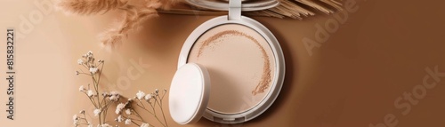 Compact round powder case with fliptop mirror, featured with a powder puff in a natural setting, for a fresh and light face makeup photo