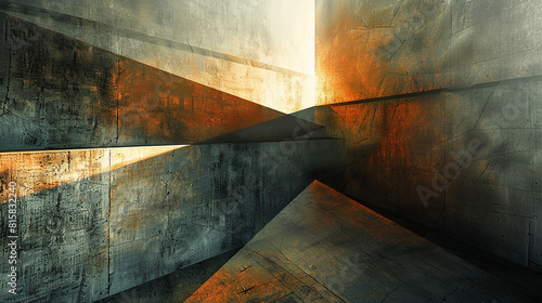 An abstract composition of intersecting planes and angles, rendered in vivid detail against a backdrop of textured surfaces and soft diffused light.