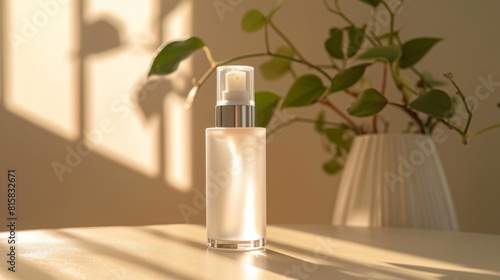 Compact primer bottle with pump, set in a natural light setting, designed to visibly brighten skin and improve makeup application photo