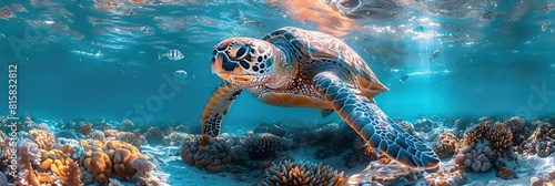  turtle swimming underwater on tropical clear water corals photo