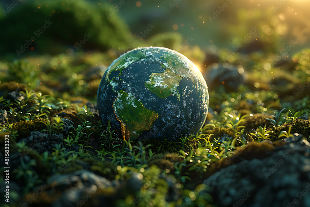 A vibrant blue and green eco Earth globe symbolizes environmental world protection and ecological conservation, promoting the message A vibrant blue and green eco Earth globe symbolizes environmental world protection and ecological conservation, promoting the message