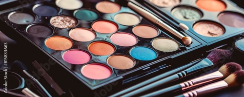 Compact complete makeup palette, shown in a natural light setting, emphasizing its wide array of colors and tools for everyday use