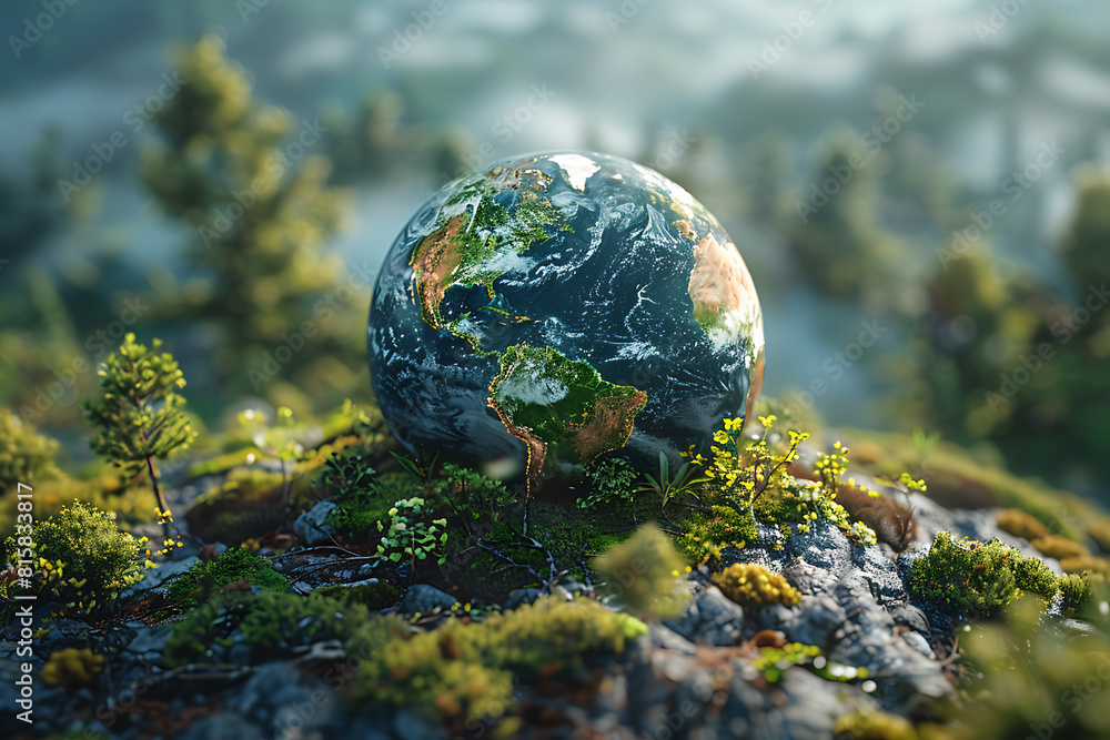 A vibrant blue and green eco Earth globe symbolizes environmental world protection and ecological conservation, promoting the message A vibrant blue and green eco Earth globe symbolizes environmental world protection and ecological conservation, promoting the message