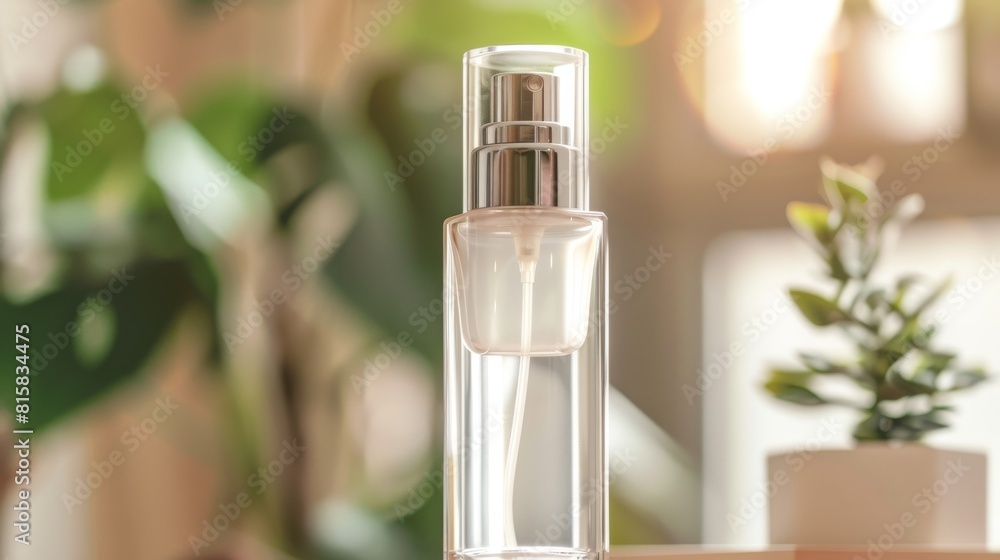 Closeup of a clear glass pump bottle with a silver pump, showcasing foundation for radiant skin, with soft focus background Closeup of a clear glass pump bottle with a silver pump, showcasing foundation for radiant skin, with soft focus background