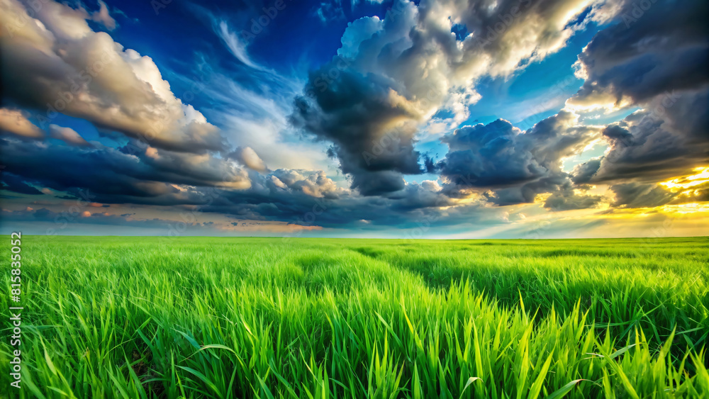 A rural landscape with a clear blue sky and green grassy field