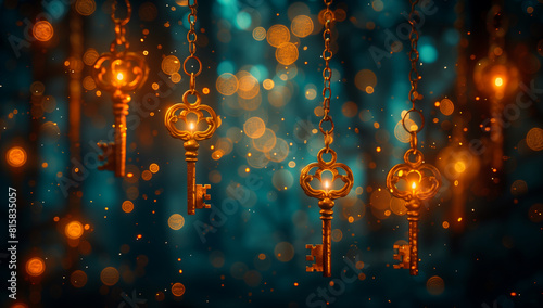 A background of hanging keys with bokeh light in the center, creating an enchanting and magical atmosphere. The design is perfect for adding a touch of whimsy to various projects or designs.