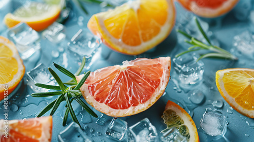 Citrus fruits pieces rosemary and ice cubes on color background