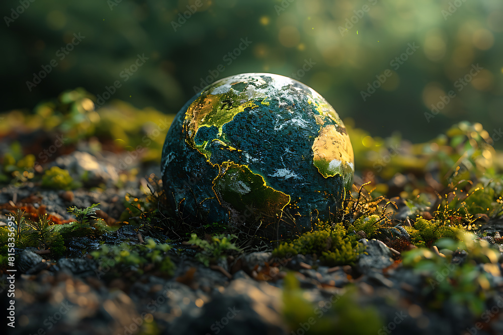 A vibrant blue and green Earth globe with lush vegetation, symbolizing environmental world protection, ecological conservation, and the message of A vibrant blue and green Earth globe with lush vegetation, symbolizing environmental world protection, ecological conservation, and the message of