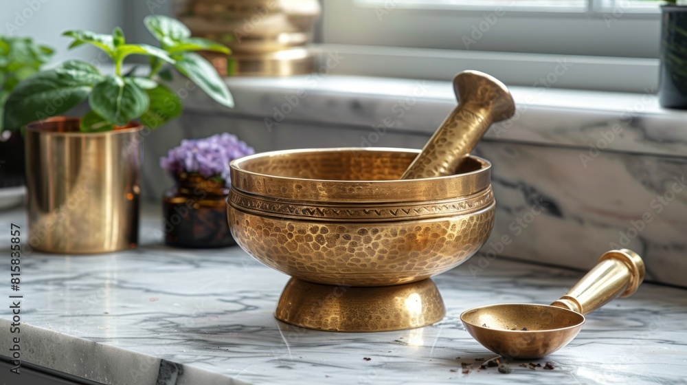 herbal medicine practices, a gold mortar and pestle on marble, symbolizing the ancient tradition of making herbal remedies in ayurvedic medicine