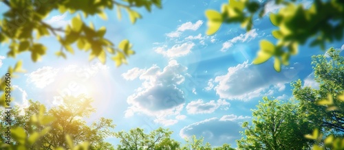 Beautiful blurred background image of spring nature with surrounded by trees against a blue sky with clouds on a bright sunny day AI generated